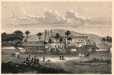 Außenansicht der Kathedrale von Port of Spain in Trinidad. Gravur in „Les Missions Catholiques au XIXeme Siecle“ von Louis-Eugene Louvet. Private Sammlung