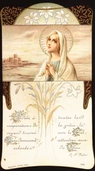 Der Gläubige folgt allen Eingebungen der Gnade, der Blick richtet sich zum Himmel, Maria blieb aufmerksam auf die Wünsche Gottes. Andachtsbild. 20. Jahrhundert. Private Sammlung