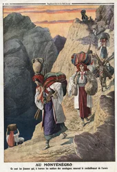 Erster Balkankrieg: Montenegrinische Frauen überqueren zu Fuß die Berge, um den Waffennachschub sicherzustellen. Illustration aus „Le Petit Journal“ vom 17/11/1912. Privatsammlung.