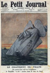 Erster Weltkrieg 1914-1918. Bei der Rückkehr eines Angriffs auf England scheiterte der Zeppelin L-19 der deutschen Luftwaffe in der Nordsee. In „Le Petite Journal“, am 27.02.1916. Private Sammlung