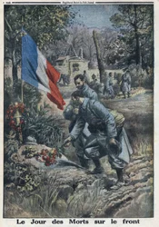 Erster Weltkrieg 1914-1918. Der Tag der Toten an der Front: Soldaten schmücken am Allerheiligentag das Grab der gefallenen Soldaten. In „Le Petite Journal“, am 5.11.1916. Private Sammlung