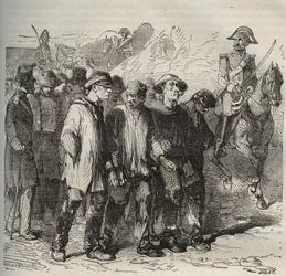 Sträflinge im Marsch im Bagne de Rochefort im 19. Jahrhundert. Gravur in „Histoire des bagnes depuis leur création à nos jours“ (1877) von Pierre Zaccone. Private Sammlung.