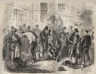 Sträflinge verkaufen ihre Habseligkeiten vor dem Eintritt ins Toulon Bagne im 19. Jahrhundert. Gravur in „Histoire des bagnes depuis leur création à nos jours“ (1877) von Pierre Zaccone. Private Sammlung.