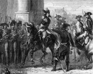 François Hanriot (1761-1794), französischer Revolutionär an der Tür des Konvents (9. Thermidor 1794) - Gravur in „Geschichte der Girondisten“ von Alphonse de Lamartine