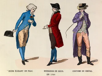 Von links nach rechts: Ein junger Eleganter im Frack; Ein Bürger in Trauer und ein Reitanzug 1786