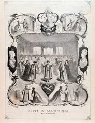 Frontispiz der Noten von „Tutti in maschera“, Oper von Carlo Pedrotti