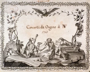 Frontispiz einer Partitur mit Darstellung von Tieren, die Musikinstrumente spielen (1783)