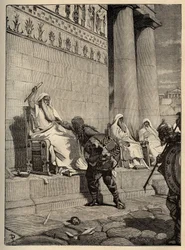 Gallischer Anführer Brennus (Brennos) kehrt 390 v. Chr. in die römische Hauptstadt zurück. - Die Gallier in Rom - Plünderung Roms - Gravur 1890