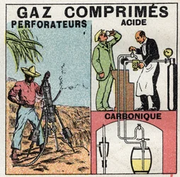 Gasdruck: Gaspfannen für Druckluftbohrer und in der Bierherstellung. Anonyme Illustration von 1925. Private Sammlung.