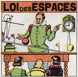 Körnung: Gesetz der Räume. Galileo Galilei (1564-1642) beobachtet die Bewegung einer Kugel auf einer geneigten Ebene, um den Fall von Körpern zu studieren. Anonyme Illustration von 1925. Private Sammlung.