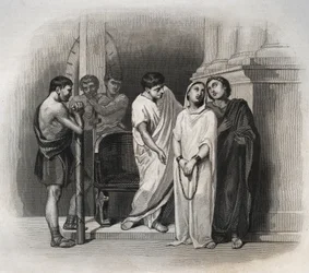 Heilige Victoria, erlitt das Martyrium in Karthago mit dem Heiligen Saturnin im Jahr 304. Gravur von 1846 in „Lives of the saints“. Private Sammlung.