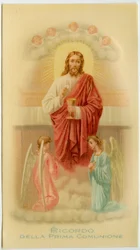 Andachtsbild: Erste Kommunion, Jesus hält die Hostie