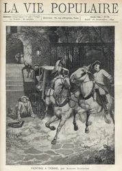 Vor der Treppe eines kleinen Schlosses kommt ein junger Reiter in den Hof, spuckt sein Pferd an und versetzt die Pferde des Gespanns in Panik, ein großer Mann mit Perücke liegt nach einem Sturz auf dem Boden. Illustration von Alfons Maria Mucha
