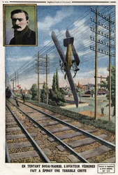 In Versuchung Douai - Madrid, der Flieger Jules Védrines (1881-1919) machte in Epinay einen schrecklichen Sturz. Gravur in „Le Petit Journal“, am 12.05.1912