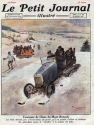 Innovation bei Autos in den Bergen, Ketten werden auf die Räder gelegt, um ein Abrutschen zu verhindern. Illustration aus „Le petit journal“ vom 27.02.1921. Private Sammlung