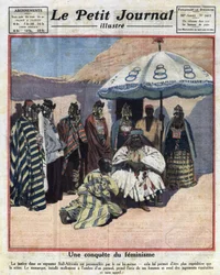Rechtsprechung und Feminismus in schwarzafrikanischen Ländern: Ein südafrikanischer König berät sich mit seinen Frauen, bevor er ein Urteil fällt. Illustration aus „Le Petit Journal“ vom 18/12/1921. Privatsammlung