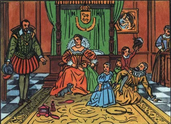 König von Frankreich Heinrich IV. (1553-1610) spielt mit seinen Kindern vor dem spanischen Botschafter. In der Mitte, Königin Maria von Medici, die Kinder sind Ludwig XIII., Elisabeth von Frankreich, Christine von Frankreich und Nicolas. Anonyme Illustrati