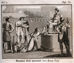 LUCIUS JUNIUS BRUTUS verurteilt seine eigenen Söhne zum Tode, weil sie planten, die Tarquinier, die vertriebenen Könige von Rom, wieder einzusetzen, 509 v. Chr. - Gravur aus „Der Rollin der Jugend oder Ausgewählte Stücke aus antiken und römischen Geschicht