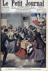 Die feministische Aktion: die „Suffragetten“ stürmen eine Wahllokal in Paris und ergreifen die Wahlurne