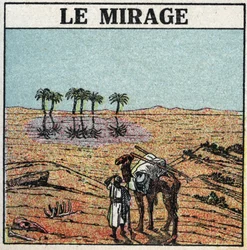 Lichtbrechung: Fata Morgana. Atmosphärische Brechung gibt die Illusion einer Oase in der Wüste. Anonyme Illustration von 1925. Private Sammlung.