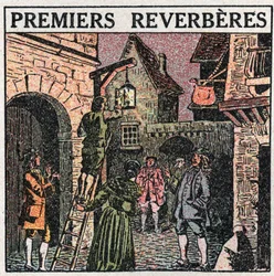 Lichtquellen: die ersten Straßenlaternen, die 1677 in Frankreich installiert wurden. Anonyme Illustration von 1925. Private Sammlung.