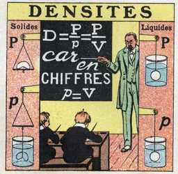 Flüssigkeitsgleichgewicht: Ein Lehrer unterrichtet Schüler in einem Klassenzimmer über die Dichte von Feststoffen und Flüssigkeiten. Anonyme Illustration von 1925. Private Sammlung.