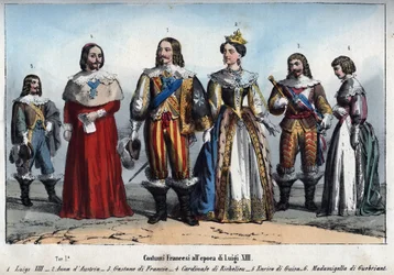 Ludwig XIII. - Anna von Österreich (1601-1666) - Gaston von Frankreich (Gaston, Herzog von Orléans) - Armand Jean du Plessis, Kardinal de Richelieu - Henri II. de Guise (Henry II, Herzog von Guise) - Anne-Marie Budes de Guebriant - Gravur aus „Usi e Costum