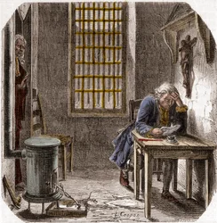 Ludwig XVI. (1754-93) liest sein Testament im Tempel 1792 - Ludwig XVI. liest sein Testament im Turm des Tempels am 25. Dezember 1792 - Gravur in „Histoire des Girondins“ von Alphonse de Lamartine (1790-1869) 1865-1866 - Private Sammlung