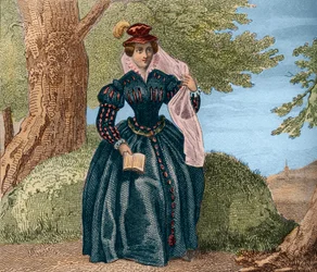 Maria Stuart, Königin von Schottland (1542-1587). Gravur von 1859 in „Le Monde. Geschichte aller Völker von den frühesten Zeiten bis zur Gegenwart“ von M. E. de Lostalot-Bachoue. Private Sammlung