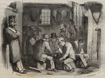 Mahlzeit der Sträflinge im Bagne de Rochefort im 19. Jahrhundert. Gravur in „Histoire des bagnes depuis leur création à nos jours“ (1877) von Pierre Zaccone (1817-1895).