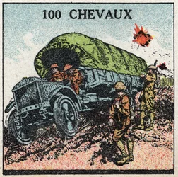Mechanischer Antrieb: Militärlastwagen bis zu 100 PS. Anonyme Illustration von 1925. Private Sammlung.