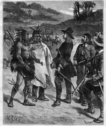 Treffen von Robert Cavelier de La Salle (1643-1687) mit den Indianern Amerikas in der Nähe des Lake Peoria, Gravur im „Journal des voyages“ von 1889