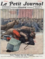 Verschiedenes: Ein Unfall während einer Show in einer Menagerie, eine Löwin verletzt den Dompteur schwer. Illustration aus „Le petit journal“ vom 15.05.1921. Private Sammlung