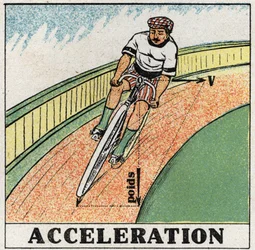 Bewegungen: Beschleunigung. Ein Radfahrer in einer Kurve. Anonyme Illustration von 1925. Private Sammlung.