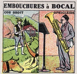 Musikinstrumente: Blasinstrumente mit einem Krugmundstück. Gerade Hörner und Ophikleiden-Spieler. Anonyme Illustration von 1925. Privatsammlung.