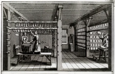 Papierfabrik: die Trocknungsphase. Gravur des 18. Jahrhunderts, Privatsammlung