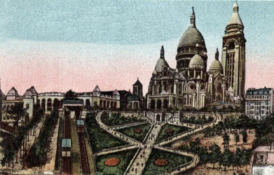 Paris: Standseilbahn und Basilika Sacré-Cœur auf dem Montmartre-Hügel. Fotografie von 1920 im „Künstlerischen Album“ der Stadt Paris. Private Sammlung.