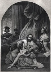 Paul III. (Papst von 1534 bis 1549) und seine Familie. Gravur von 1842 in „Histoire des popes: crimes, murders, poisonings, parricides, adulteres, incest...“ von Maurice Lachatre. Private Sammlung.