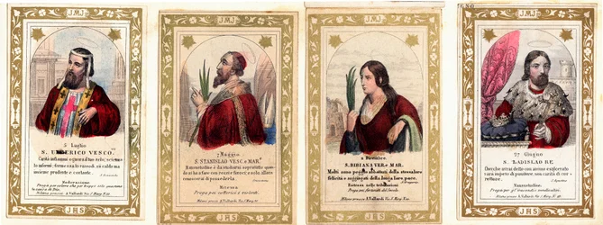 Andachtsbild: Heiliger Ulrich von Augsburg, Heiliger Stanislaus, Heilige Bibiana, Heiliger Ladislaus I. von Ungarn