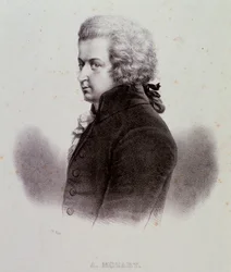 Porträt des österreichischen Komponisten Wolfgang Amadeus Mozart (1756-1791) Gravur. 19. Jahrhundert. Mailänder Privatsammlung
