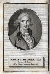 Porträt von Charles Albert Demoustier (1760-1801), französischer Schriftsteller. Gravur aus 1819 in „Lettres à Emilie sur la mythologie“ von Charles Albert Demoustier (1760-1801). Private Sammlung