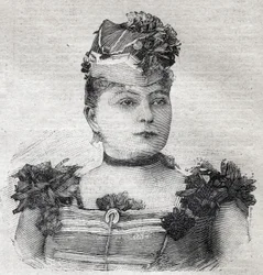 Porträt von Eugenie Weiss, bekannt als Jenny Baronin von Rahden, Mitglied der brasilianischen Zirkustruppe und Autorin des Buches „Der Roman der Reiterin“, getötet von ihrem Ehemann. In „Le Petit Parisien“ am 03.09.1893