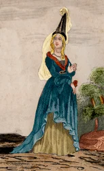Porträt von Johanna von Flandern (1295-1374), Ehefrau von Jean de Montfort, Herzog der Bretagne (1293-1345). Gravur von 1859 in „Le Monde. Geschichte aller Völker von den frühesten Zeiten bis zur Gegenwart“ von M. E. de Lostalot-Bachoue. Private Sammlung