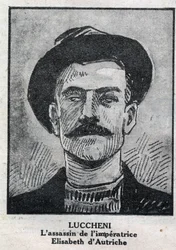 Porträt von Luigi Lucheni (1873-1910), italienischer Anarchist und Attentäter, der 1898 Elisabeth von Wittelsbach ermordete, eine als Sissi bekannte Kaiserin von Österreich. Stich in „L