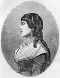 Porträt von Manon Roland, genannt „Madame Roland“ (1754-1793), geborene Jeanne-Marie Philippon, Ehefrau von Roland de La Platiere - Gravur von 1863 in „Le Livre Rouge - Histoire De L