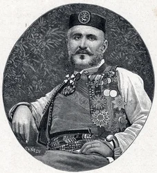 Porträt von Nikola I. von Montenegro (Nikola I Petrović-Njegoš) (Petrović-Njegoš) (1841-1921), Fürst von Montenegro und der Brda. Stich in „Les Missions Catholiques au XIXe Siecle“ von Louis-Eugène (Louis Eugène) Louvet. Privatsammlung.