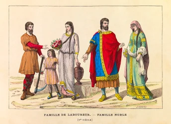 Porträts und Kostüme einer Pflügerfamilie und einer Adelsfamilie im 5. Jahrhundert, Gravur, Private Sammlung