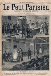Armut in Paris: das Asyl des Palais des arts-libéraux im Marsfeld - an der Tür eines Asyls - eine Suppenausgabe. Gravur in „Le petit Parisien“ von 1891. Private Sammlung.