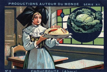 Produktionen rund um die Welt: Sauerkraut im Elsass. Chromolithographie von 1933 im „Joseph-Milliat Album“
