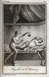 Psyche und Amor. Gravur von 1819 in „Lettres a Emilie sur la mythologie“ von Charles Albert Demoustier (1760-1801). Private Sammlung